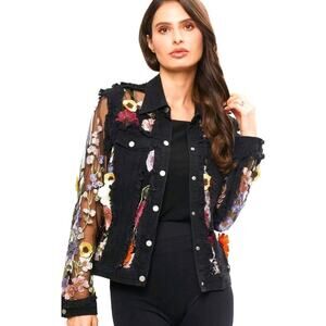 Adore Black Denim Lace Sheer Floral Jacket Sz L NEW! BOHO Shabby Chic EMBROIDERE